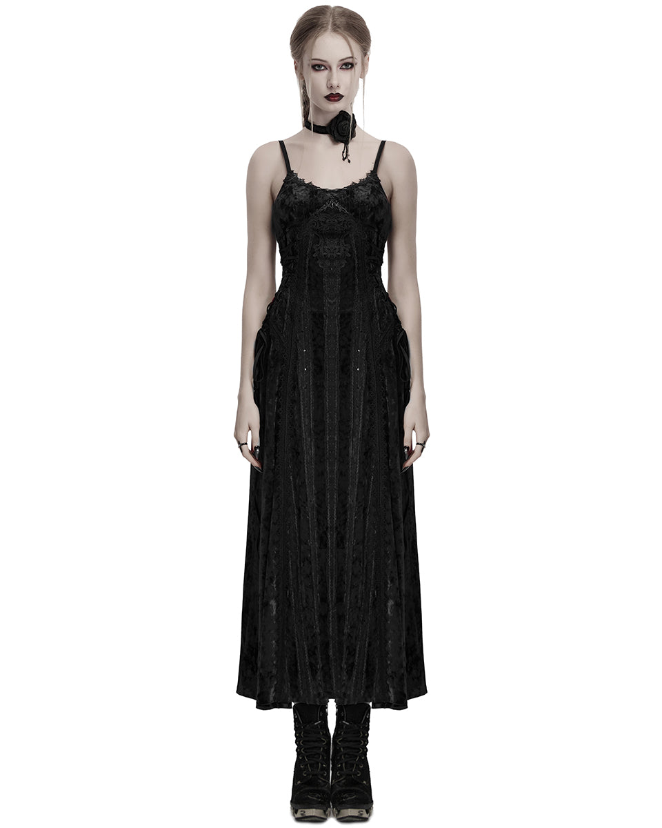 OQ=856LQF Daily Life Womens Long Gothic Crushed Velvet Applique Maxi Dress - Black