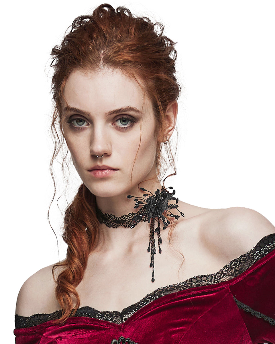 PR-DS-572LHF-BKF Womens Shadowflower Beaded Gothic Choker Necklace - Black