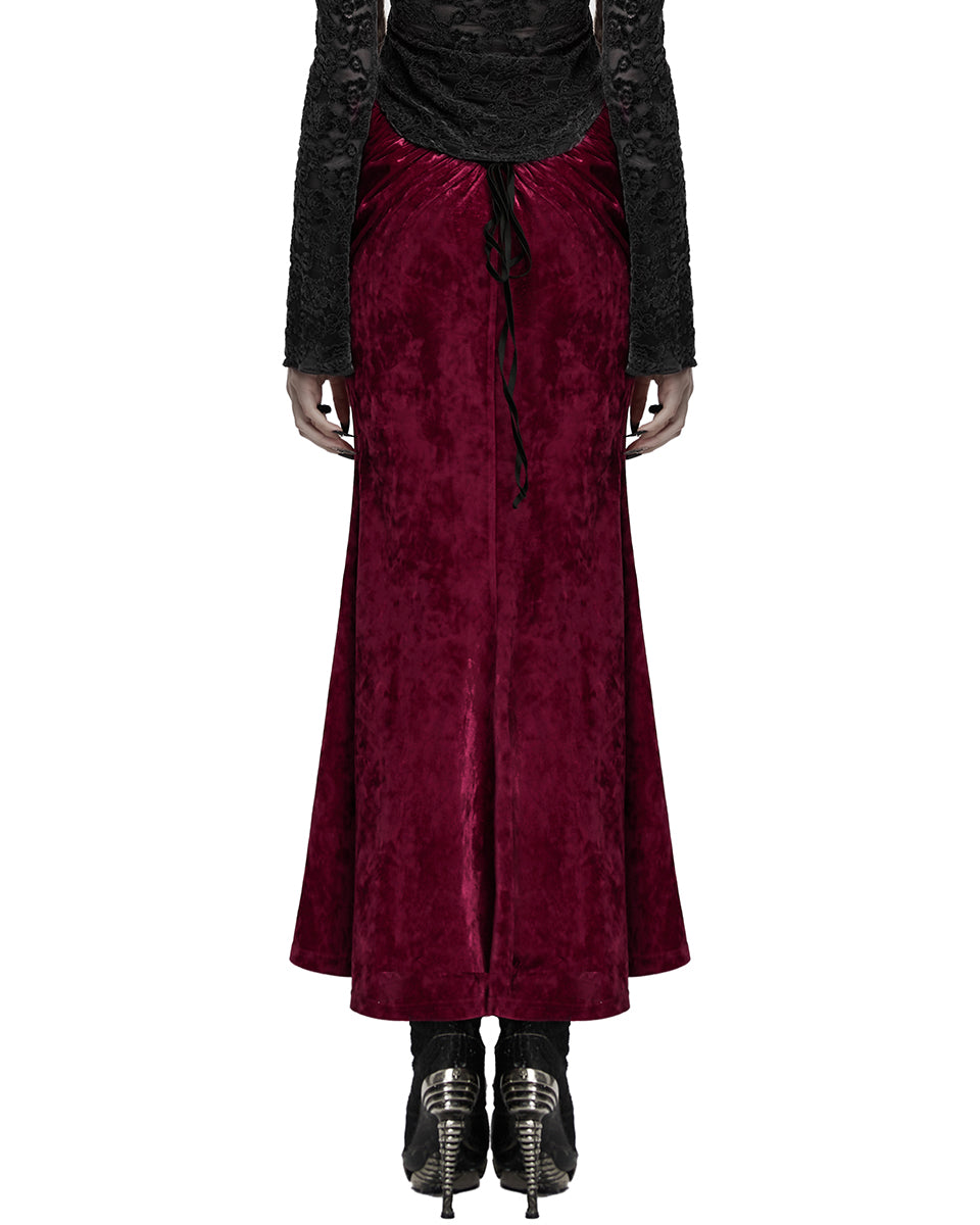 OQ-851BQF Daily Life Womens Long Gothic Velvet Applique Maxi Skirt - Red