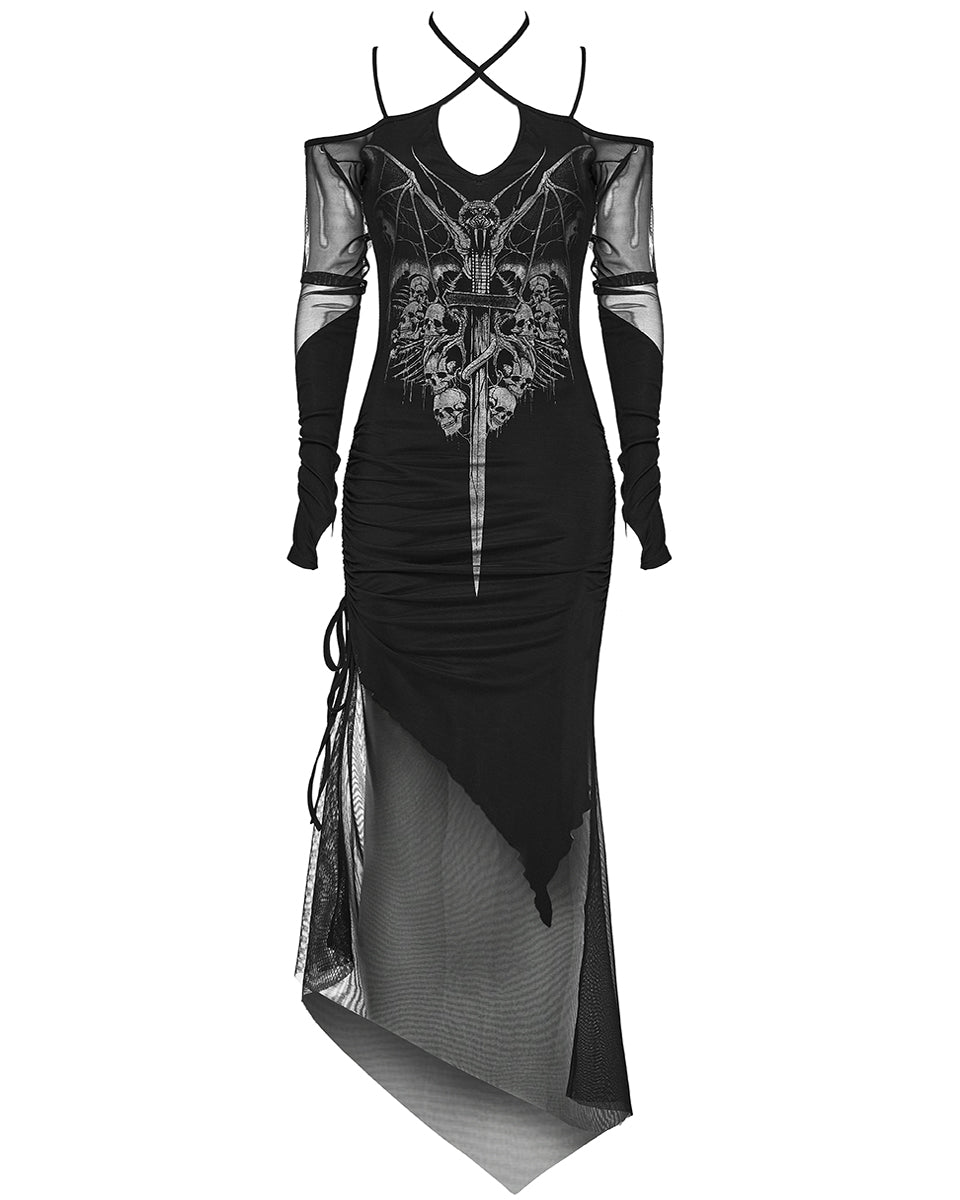 PR-WQ-654LQF-BKF Womens Demonica Printed Gothic Mesh Dress