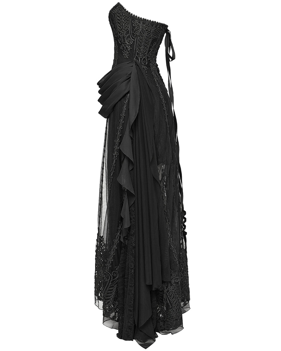 WQ-773LQF-BKF Womens Long Gothic Mesh Strapless Dress With Embroidered Lace
