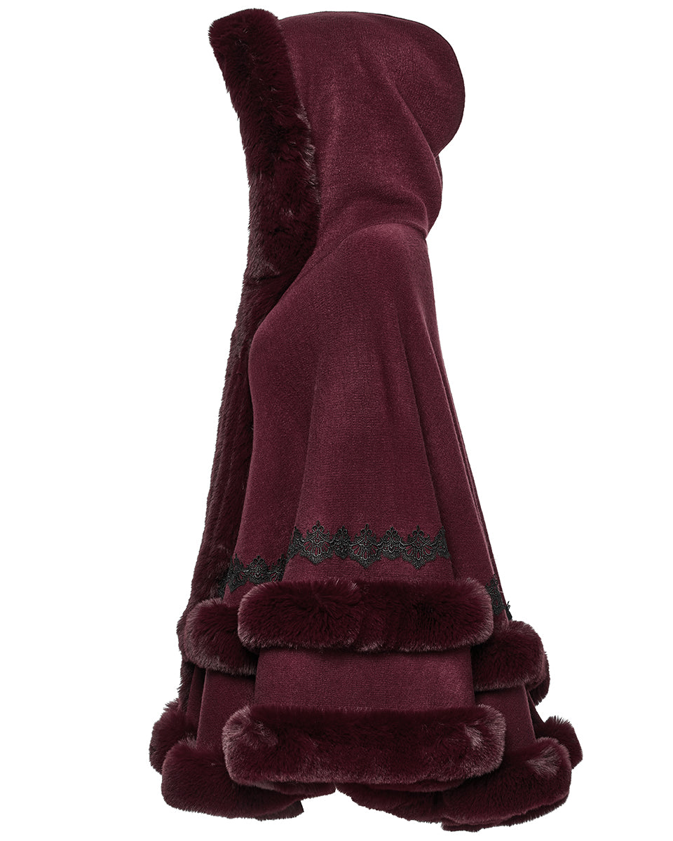 OM-092HMF Daily Life Womens Plush & Faux Fur Hooded Winter Cloak - Red