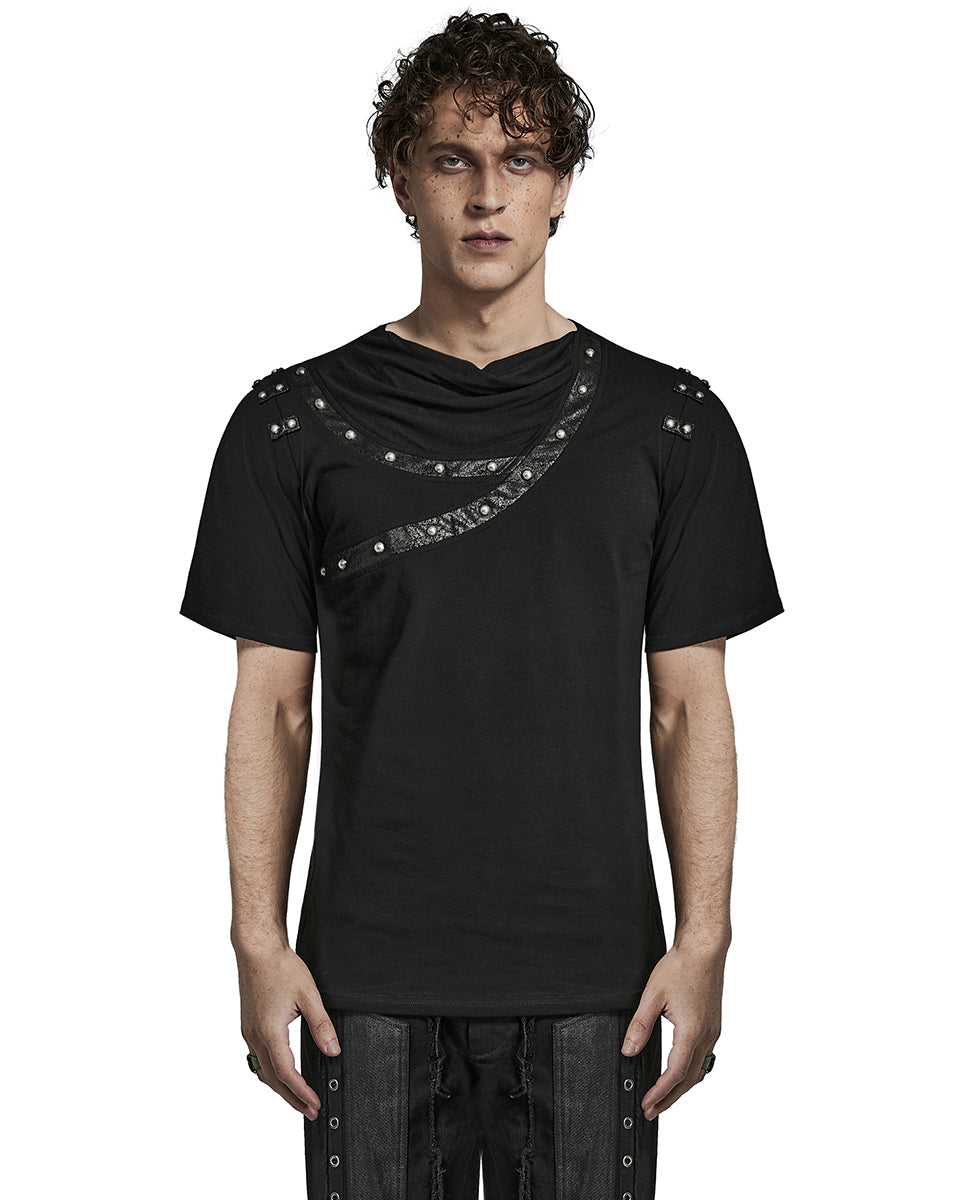 T792-BKM Mens Avant Garde Gothic Studded Drop Collar T Shirt Top