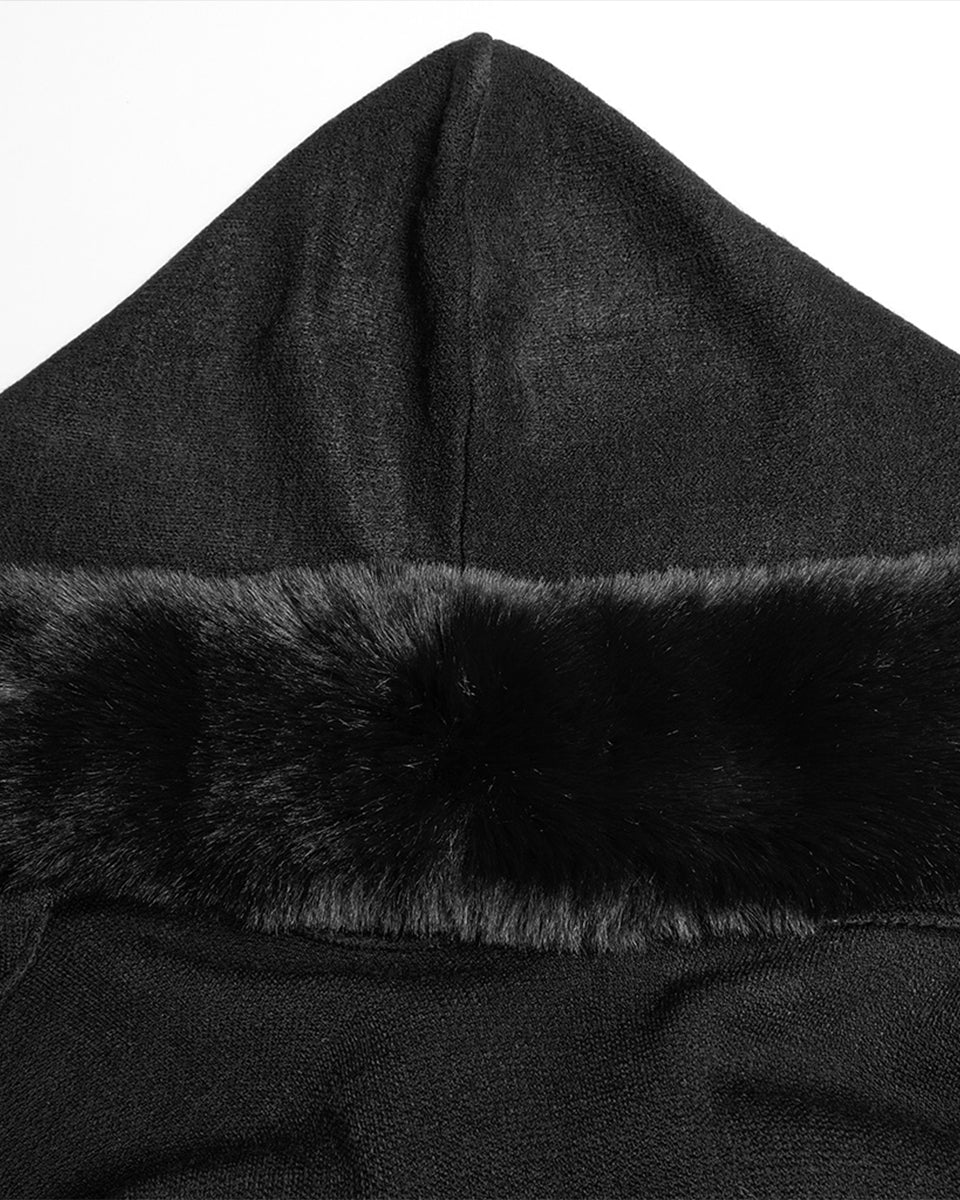 OM-092HMF Daily Life Womens Plush & Faux Fur Hooded Winter Cloak - Black
