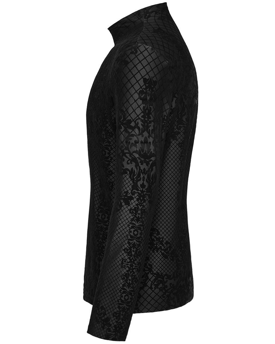 PR-WT-830TCM-BKM Mens Gothic Damask Velvet Flocked Mesh Top
