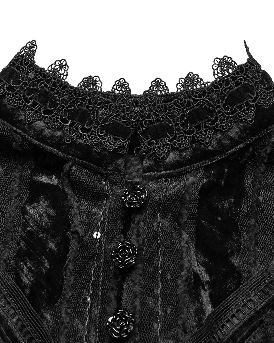 OY-1750DPF Daily Life Womens Long Gothic Crushed Velvet & Lace Bolero Cape - Black
