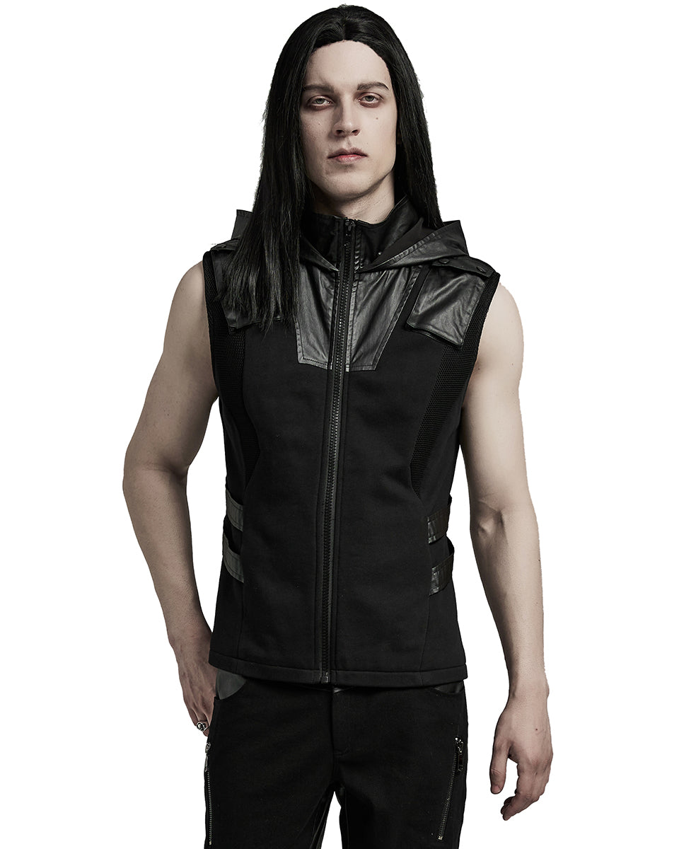 WY-1598MJM-BKM Mens Dystopian CyberPunk Zip Up Hooded Waistcoat Vest