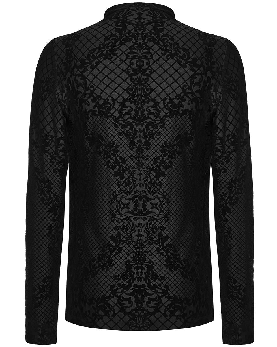 PR-WT-830TCM-BKM Mens Gothic Damask Velvet Flocked Mesh Top