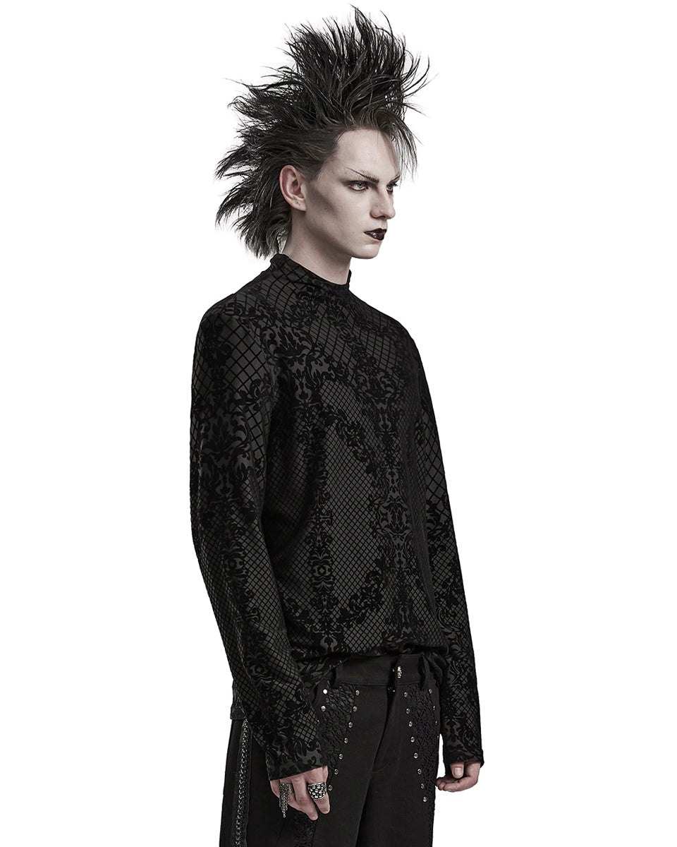 PR-WT-830TCM-BKM Mens Gothic Damask Velvet Flocked Mesh Top