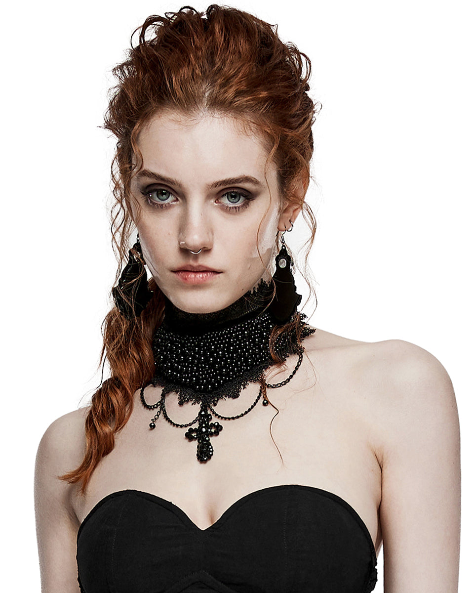 WS-568LHF-BKF Womens Beaded Crucifix Gothic Choker Collar Necklace