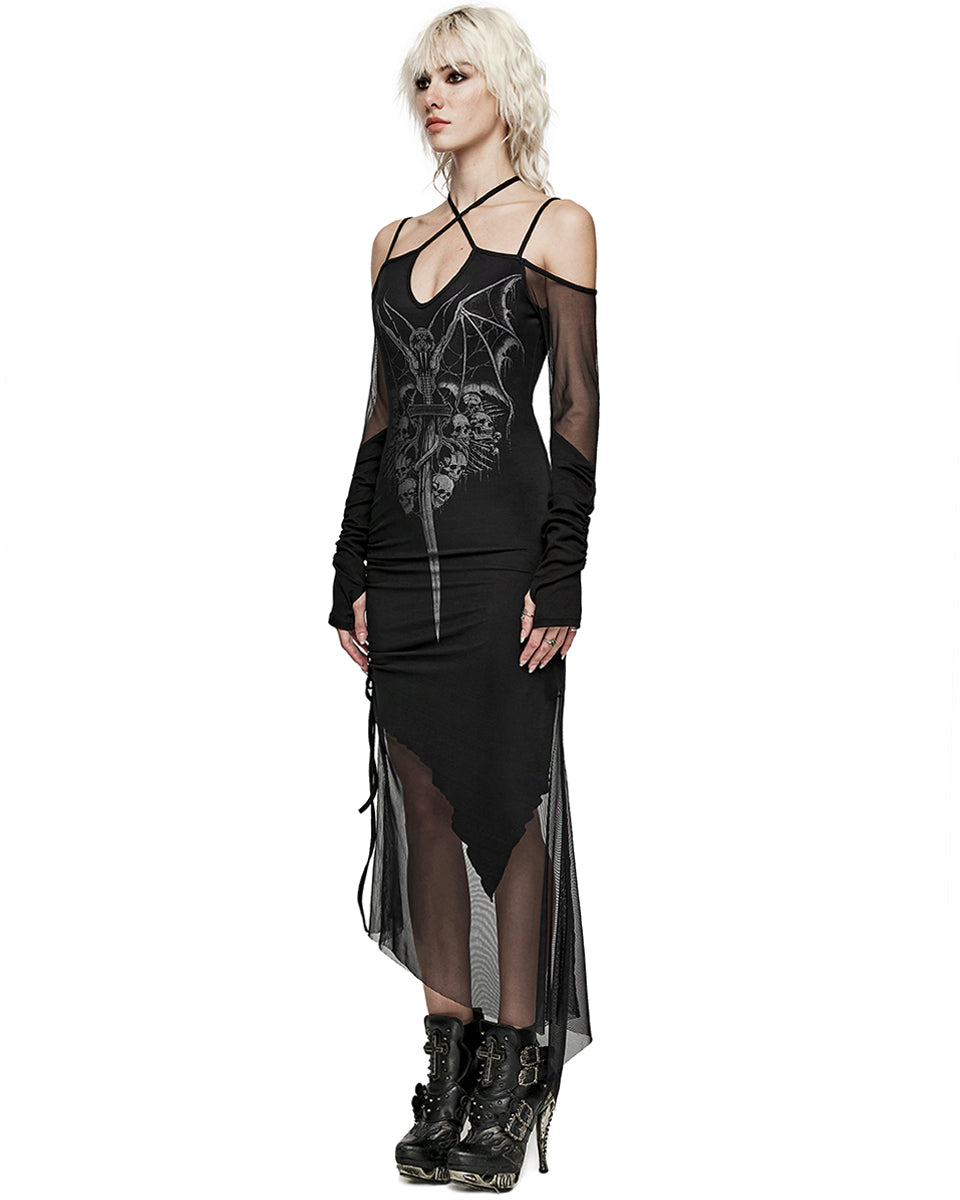 PR-WQ-654LQF-BKF Womens Demonica Printed Gothic Mesh Dress