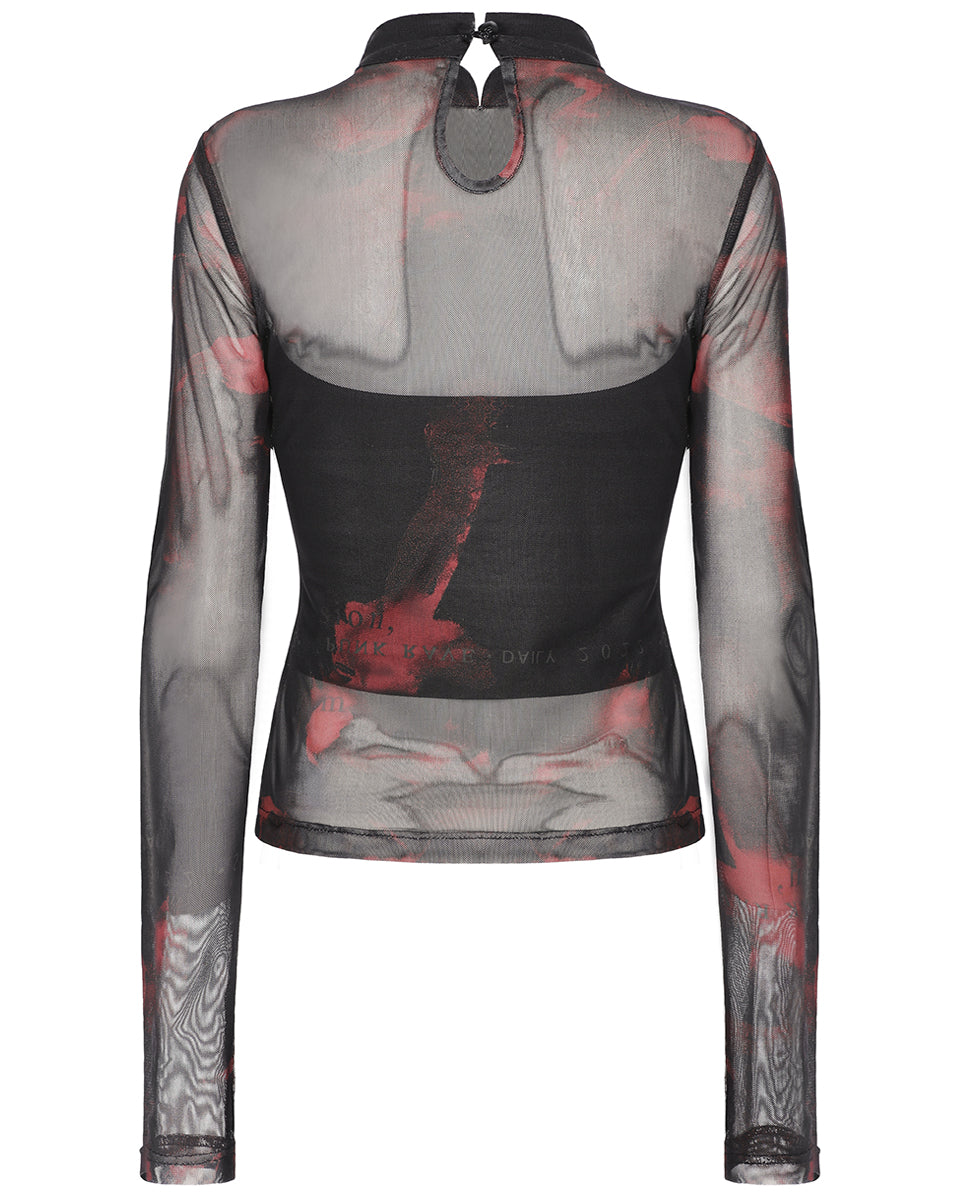 OPT-852 Daily Life Womens Cyberpunk Layered Mesh Top - Black & Red