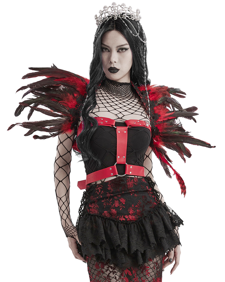 WS-551DQF-BKRDF Womens Burlesque Gothic Vixen Feathered Harness - Black & Red