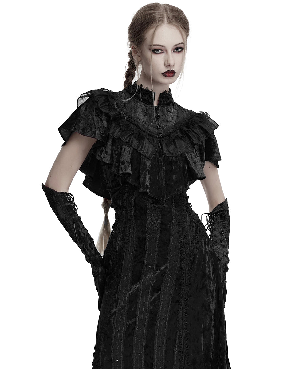 OY-1750DPF Daily Life Womens Long Gothic Crushed Velvet & Lace Bolero Cape - Black