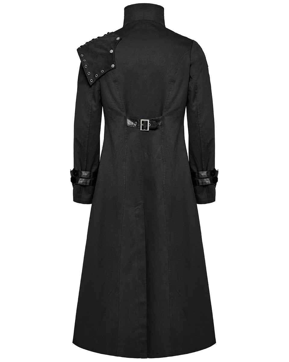 WY-1602XCM-BKM Mens Long Gothic CyberPunk Asymmetric Shoulder Armour Trench Coat