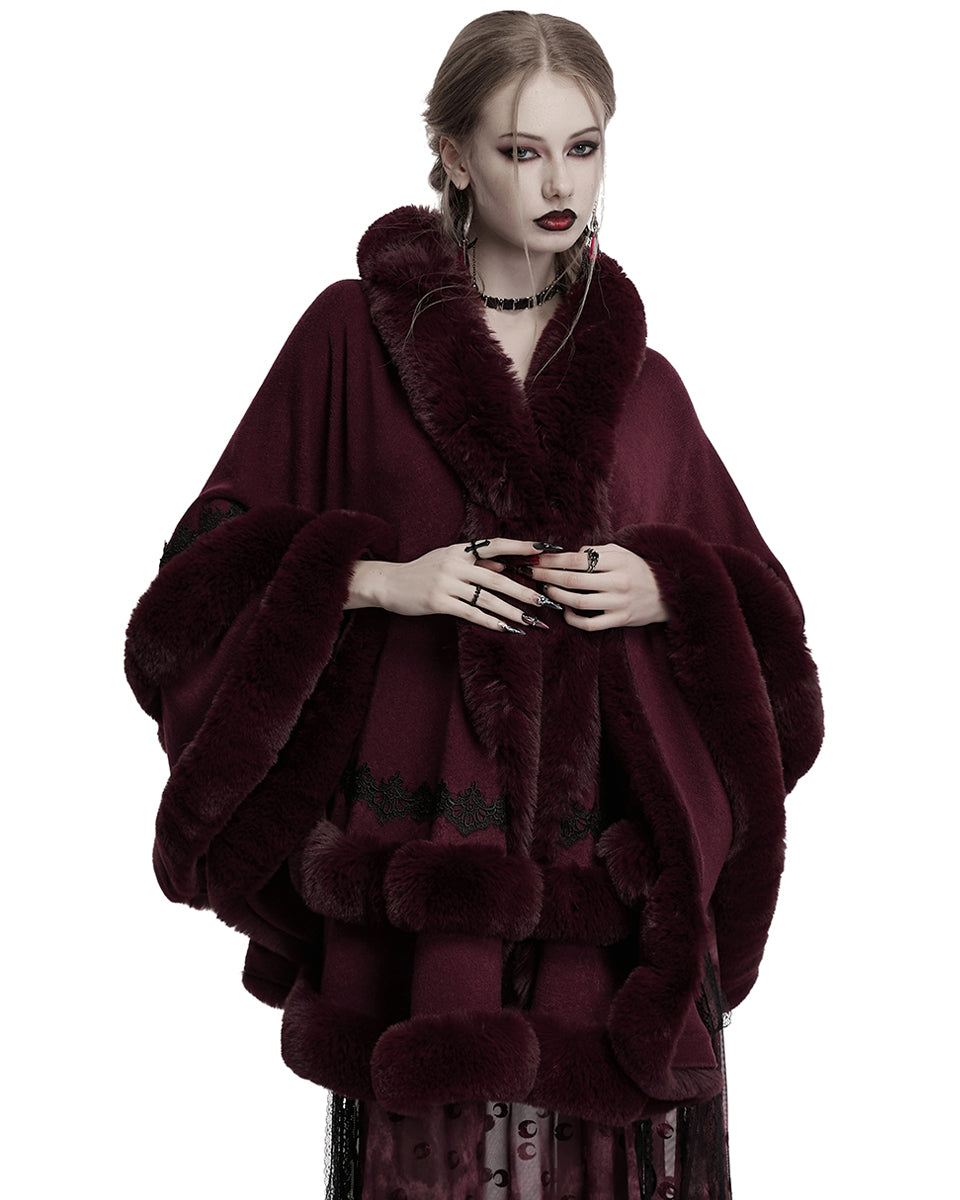 OM-092HMF Daily Life Womens Plush & Faux Fur Hooded Winter Cloak - Red