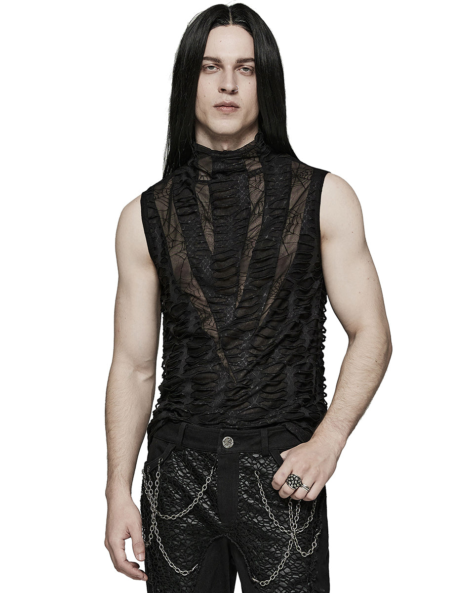 T777-BKM Mens Apocalyptic Gothic Shredded Mesh Tank Top Vest