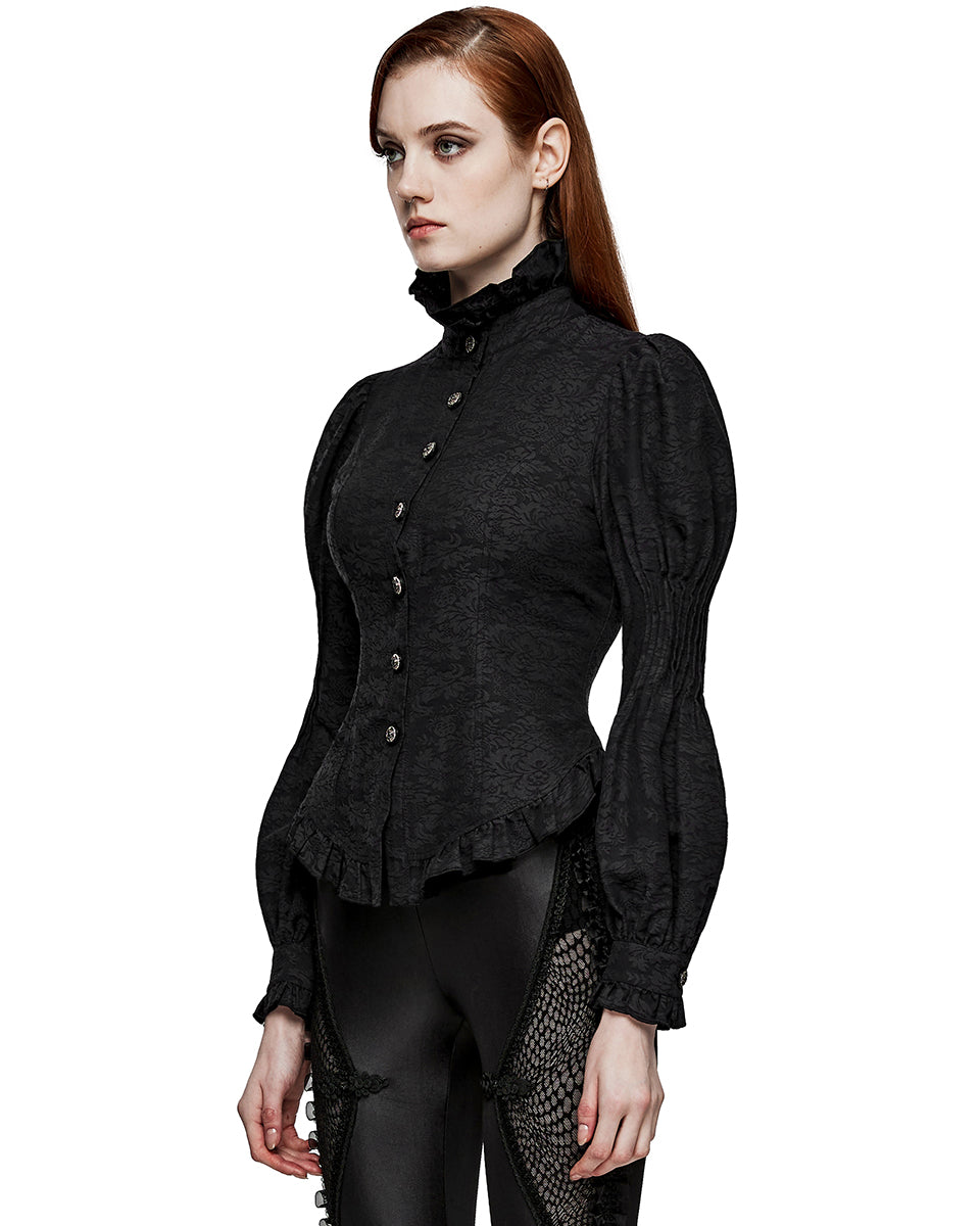 WY-1527CCF-BKF Womens Dark Regency Gothic Jacquard Blouse Top