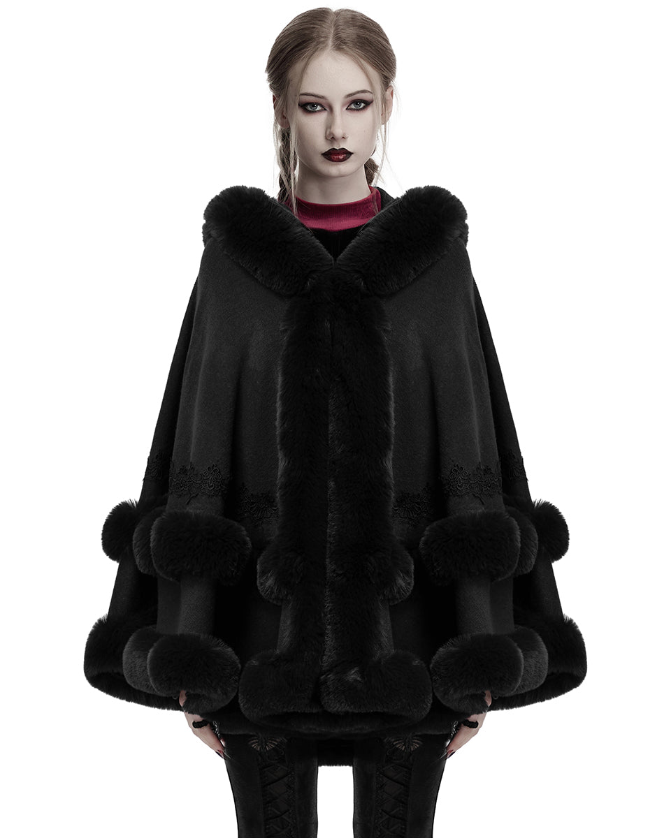 OM-092HMF Daily Life Womens Plush & Faux Fur Hooded Winter Cloak - Black
