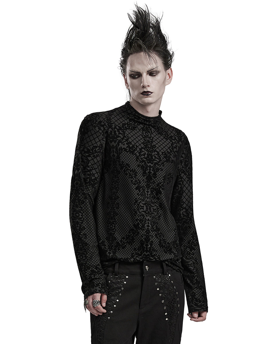 PR-WT-830TCM-BKM Mens Gothic Damask Velvet Flocked Mesh Top
