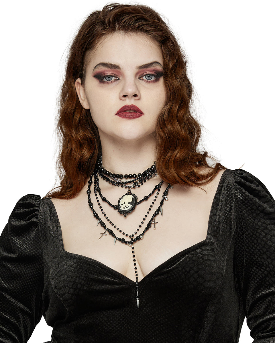 WS-658LHF-BKF Womens Gothic Cameo Crucifix Beaded Necklace