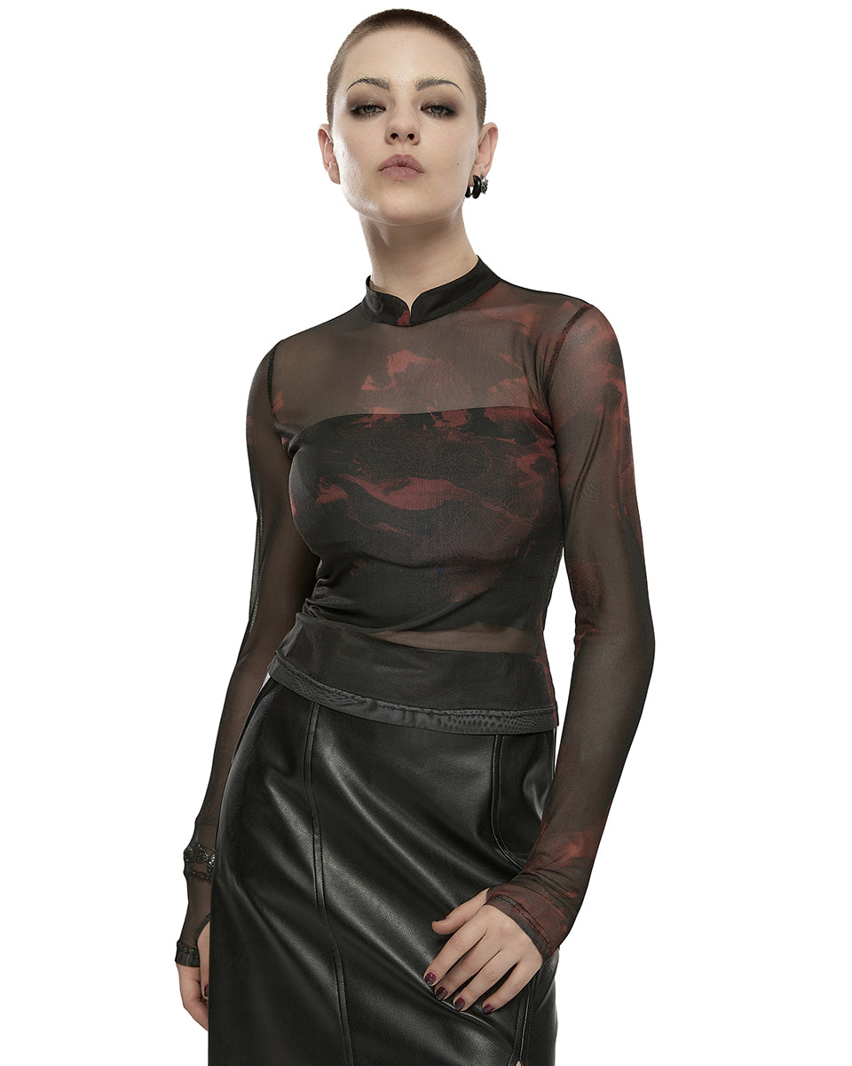 OPT-852 Daily Life Womens Cyberpunk Layered Mesh Top - Black & Red