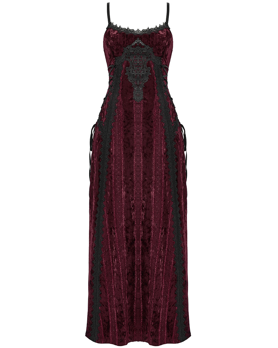 OQ-856LQF Daily Life Womens Long Gothic Crushed Velvet Applique Maxi Dress - Red