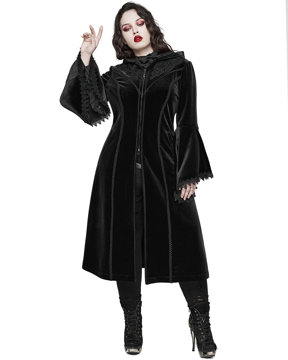 PR-DY-1510LCF-BKF Womens Gorgeous Gothic Lace Applique Hooded Coat - Extended Size Range - Black Velvet