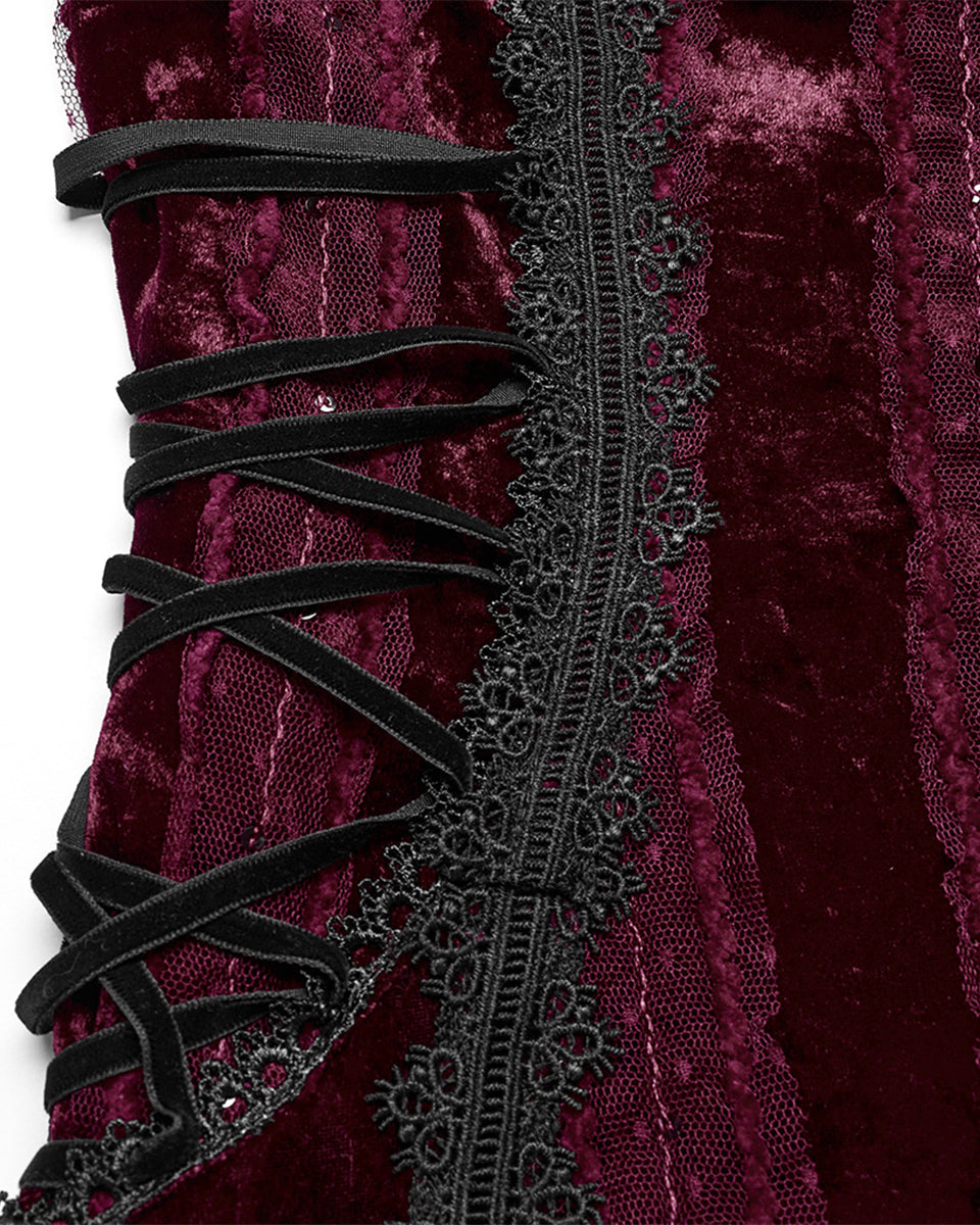 OQ-856LQF Daily Life Womens Long Gothic Crushed Velvet Applique Maxi Dress - Red