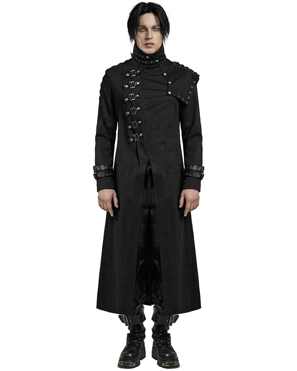 WY-1602XCM-BKM Mens Long Gothic CyberPunk Asymmetric Shoulder Armour Trench Coat