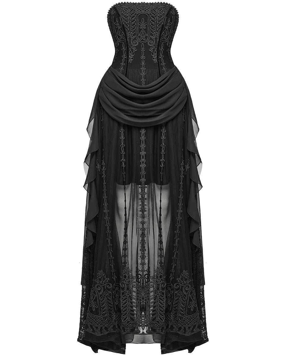 WQ-773LQF-BKF Womens Long Gothic Mesh Strapless Dress With Embroidered Lace