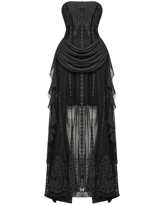WQ-773LQF-BKF Womens Long Gothic Mesh Strapless Dress With Embroidered Lace