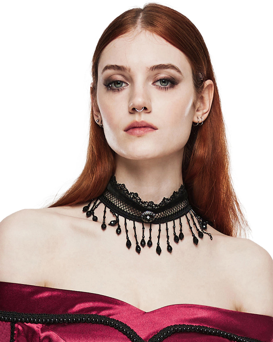 WS-581LHF-BKF Womens Beaded Lace Gothic Choker Collar