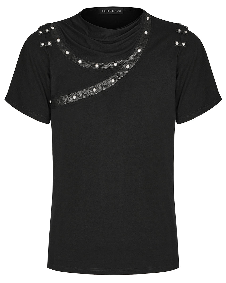T792-BKM Mens Avant Garde Gothic Studded Drop Collar T Shirt Top