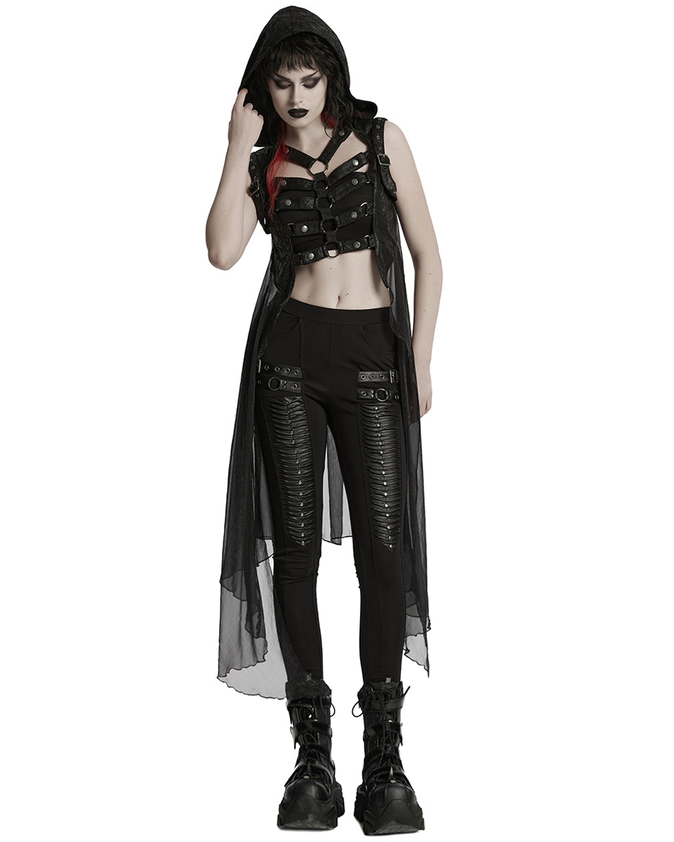 WY-1711MJF-BKF Womens Gothic Cyberpunk Hooded Harness Chiffon Cloak Cape