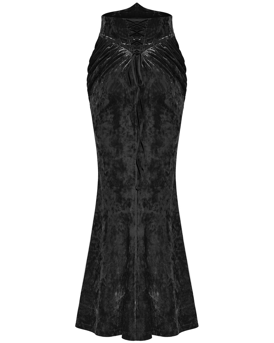 OQ-851BQF Daily Life Womens Long Gothic Velvet Applique Maxi Skirt - Black