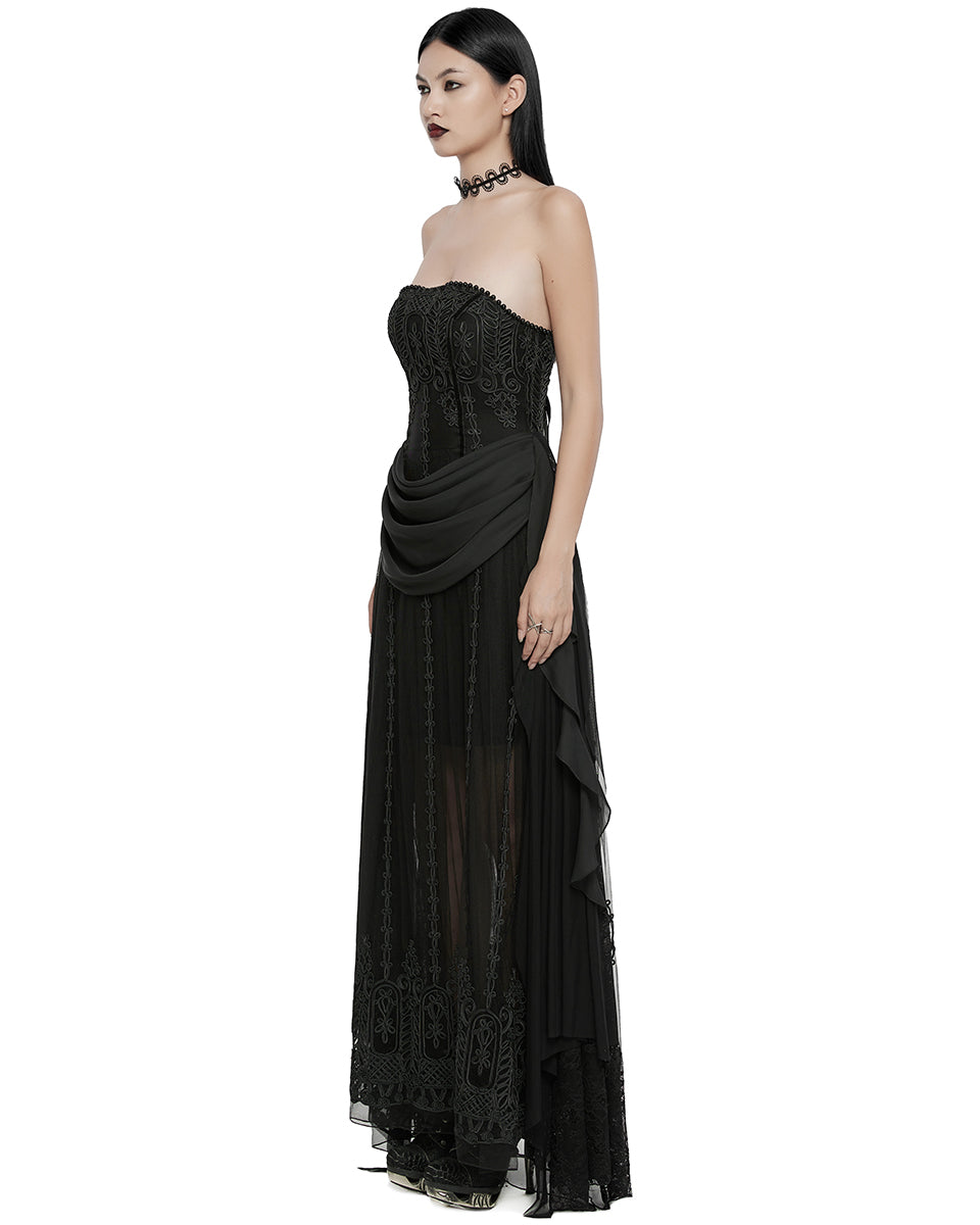 WQ-773LQF-BKF Womens Long Gothic Mesh Strapless Dress With Embroidered Lace