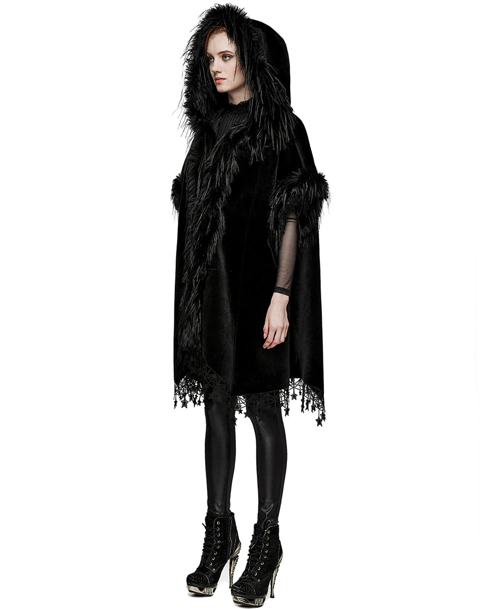 WY-1519DPF-BKF Womens Dark Bohemian Gothic & Faux Fur Hooded Cloak Cape