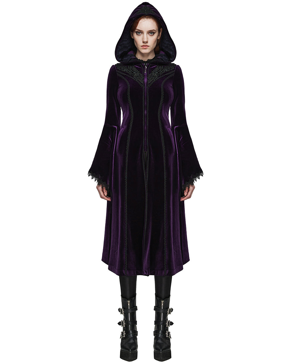 DY-1510LCF-BKVIF Womens Gorgeous Gothic Lace Applique Hooded Coat - Extended Size Range - Purple Velvet