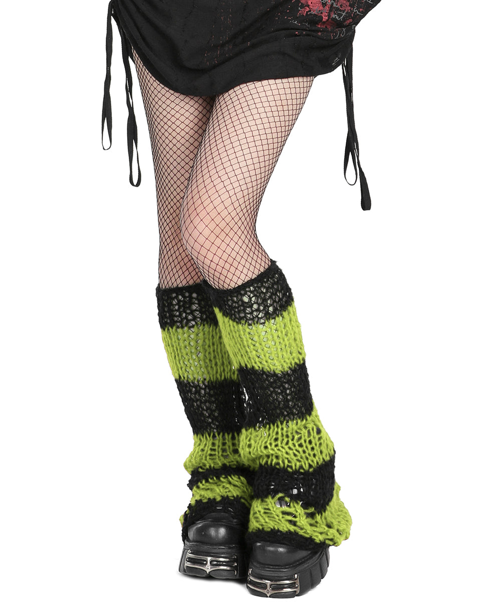 S-554 Shredded Broken Knit Flared Leg Warmers - Black & Green