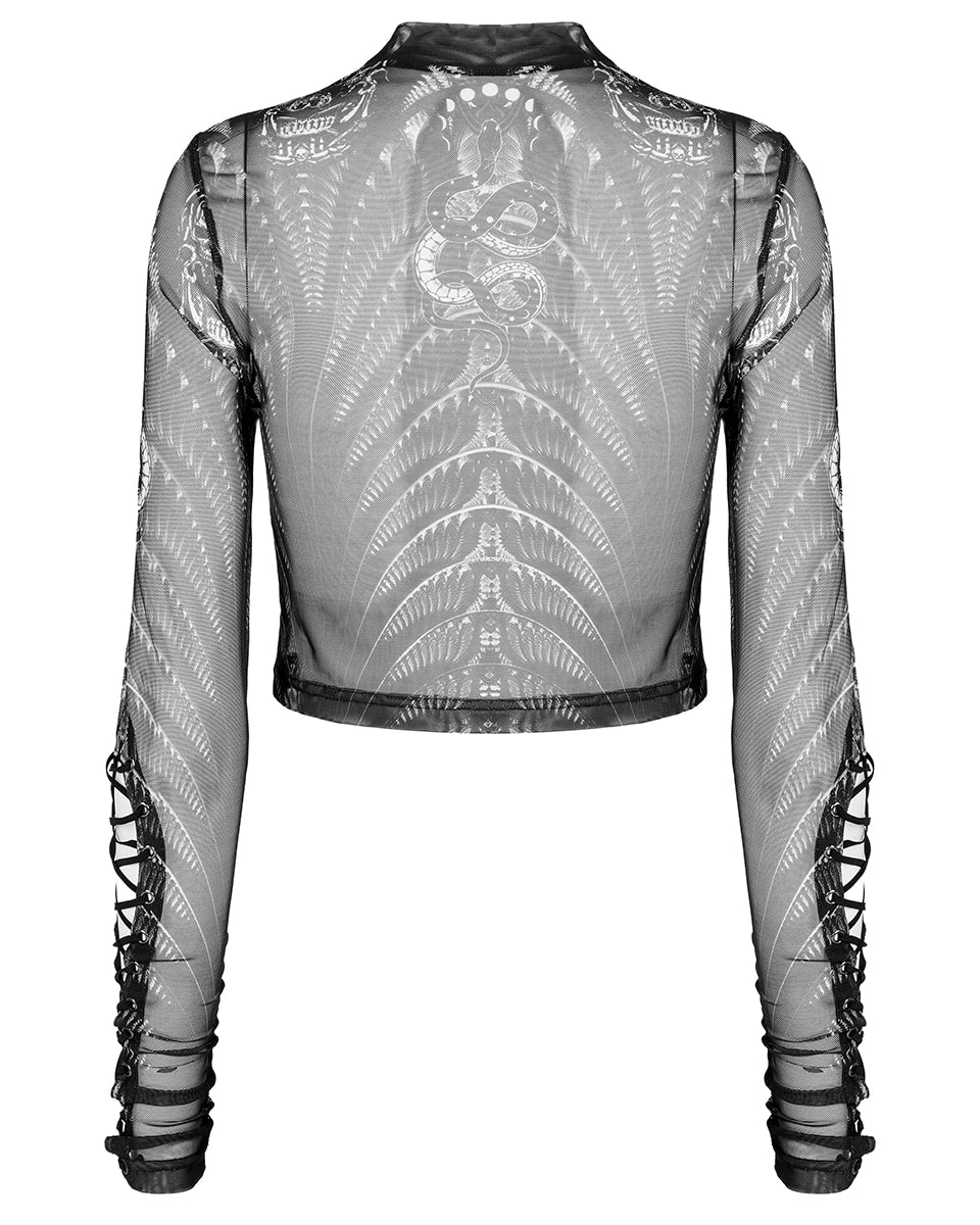 WT-699 Womens Serpentine Printed Mesh Cyberpunk Top - Black & White