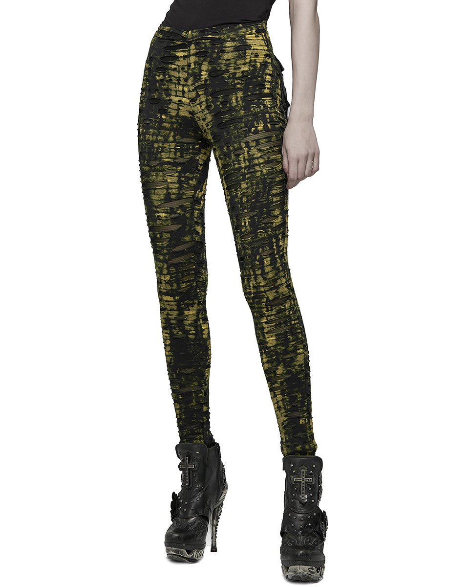 WK-492 Womens Apocalyptic Punk Coated Broken Knit Leggings - Black & Yellow