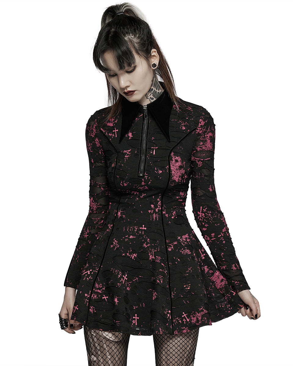 WQ-594 Womens Corrosion Shredded Apocalyptic Punk Dress Black & Red