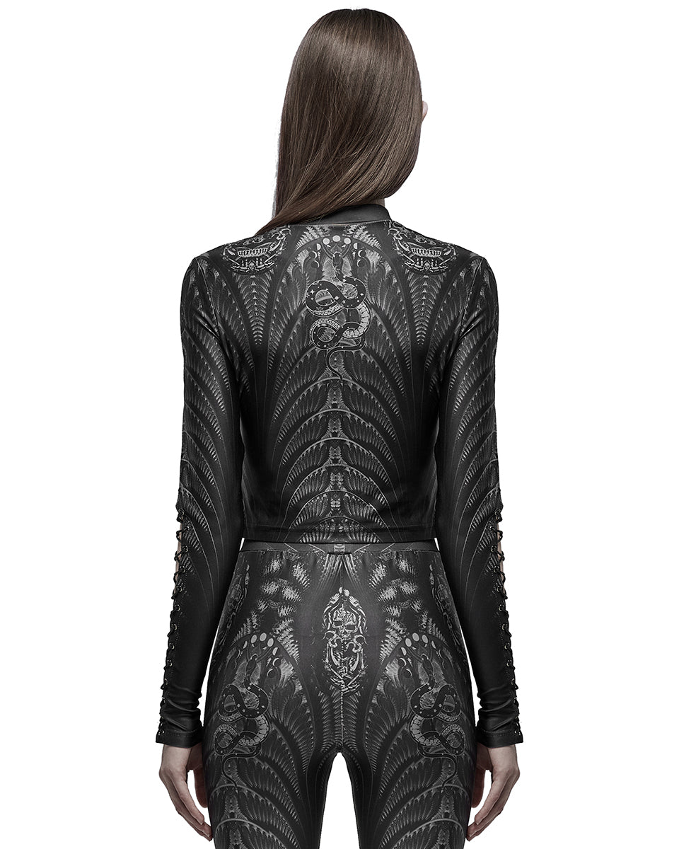 WT-699 Womens Serpentine Printed Mesh Cyberpunk Top - Black & Grey