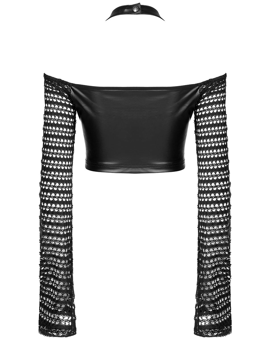 WT-690 Womens Cyberpunk PU & Mesh Off Shoulder Top