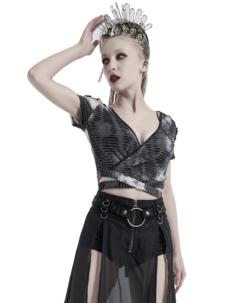 WT-647 This Corrosion Womens Apocalyptic Punk Bandage Top - Grey Tie Dye