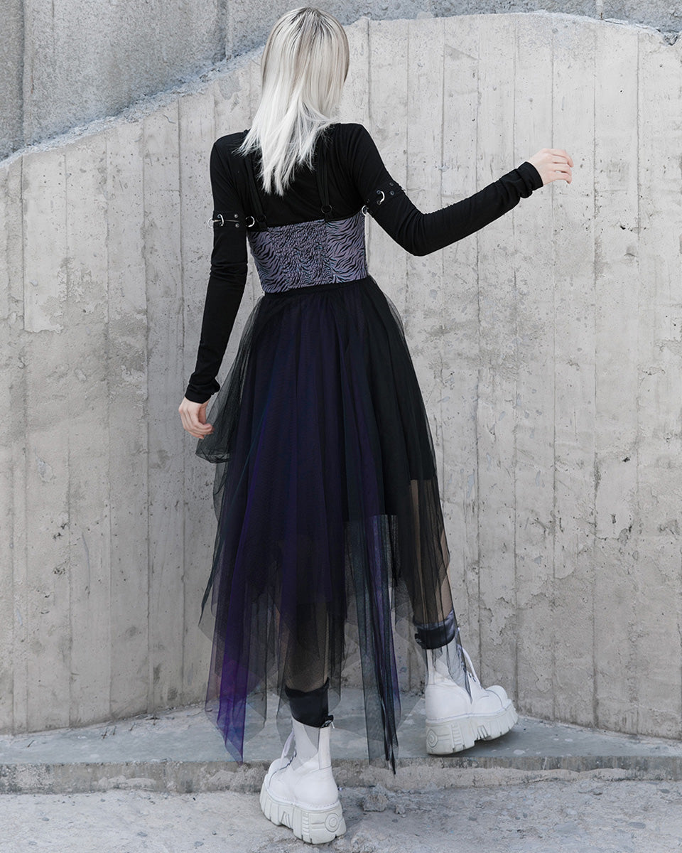 OPQ930 Daily Life Layered Mesh Electropunk Asymmetric Skirt - Black & Purple