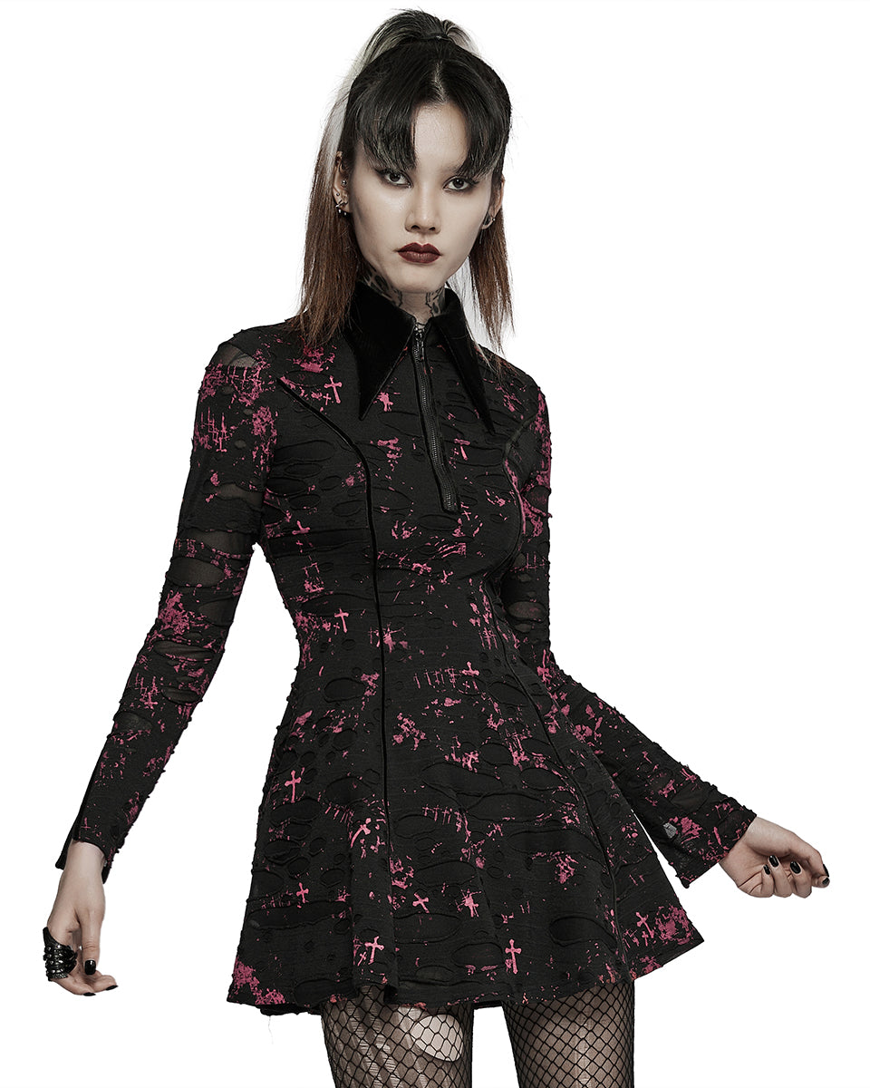 WQ-594 Womens Corrosion Shredded Apocalyptic Punk Dress Black & Red