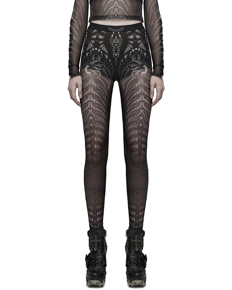 WK-491 Womens Serpentine Printed Mesh Cyberpunk Leggings - Black & White