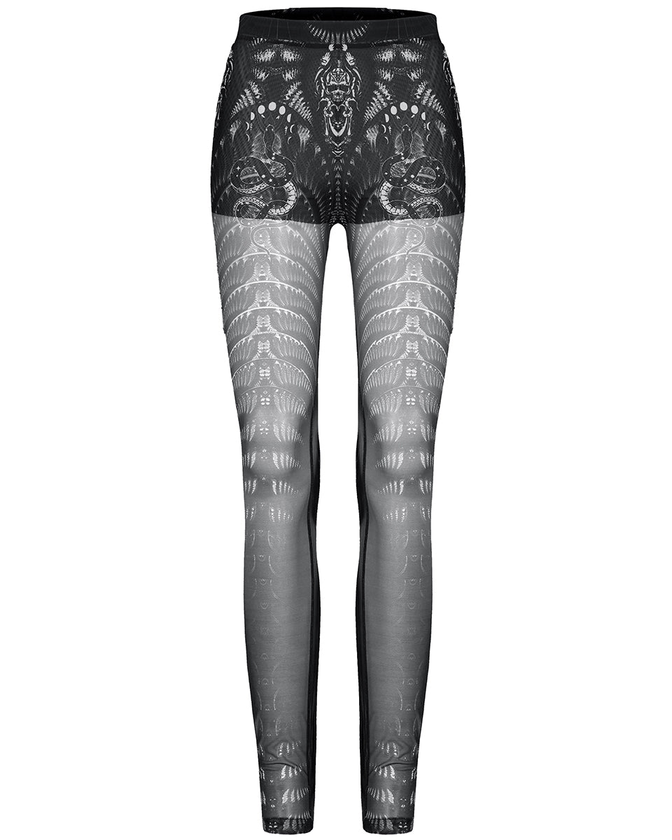 WK-491 Womens Serpentine Printed Mesh Cyberpunk Leggings - Black & White